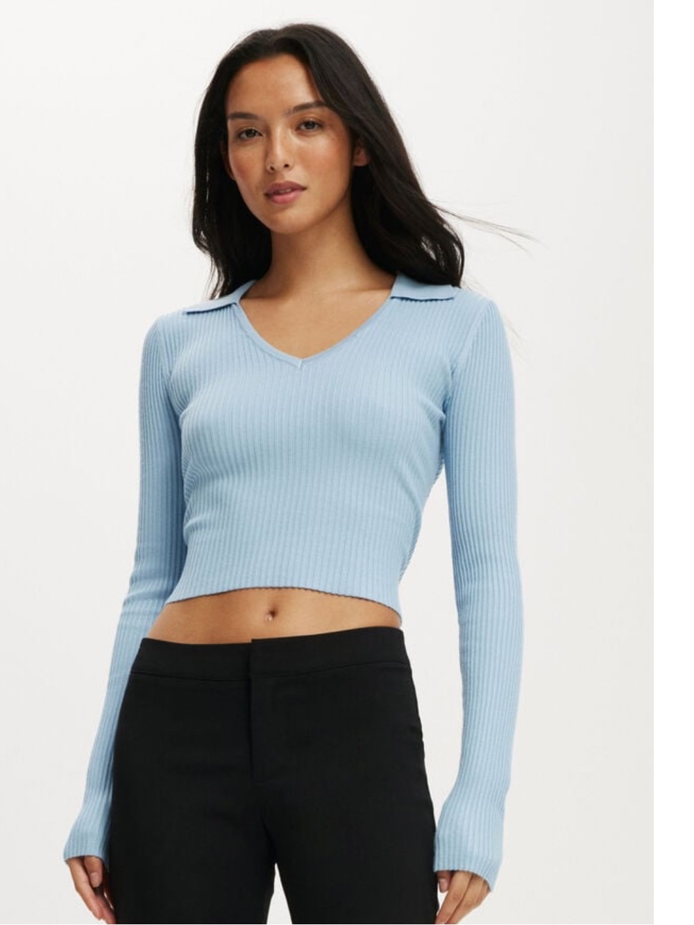 Cotton On Sky Blue Ribbed V‑Neck Longsleeve Collared Shirt Size Medium NEW